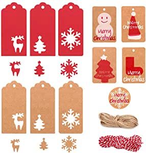 MonQi Étiquettes de Cadeaux de Noël, 220pcs Mignon Étiquettes en Papier Kraft de Noël avec 10m de Ficelle Rouge et 20m Ficelle de Jute, 6 styles de motifs creux et 5 styles de motifs imprimés de Noël