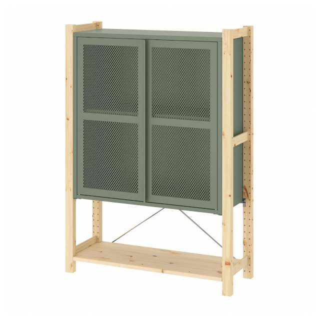 IVAR Armoire avec portes - pin/gris vert grillage 89x30x124 cm